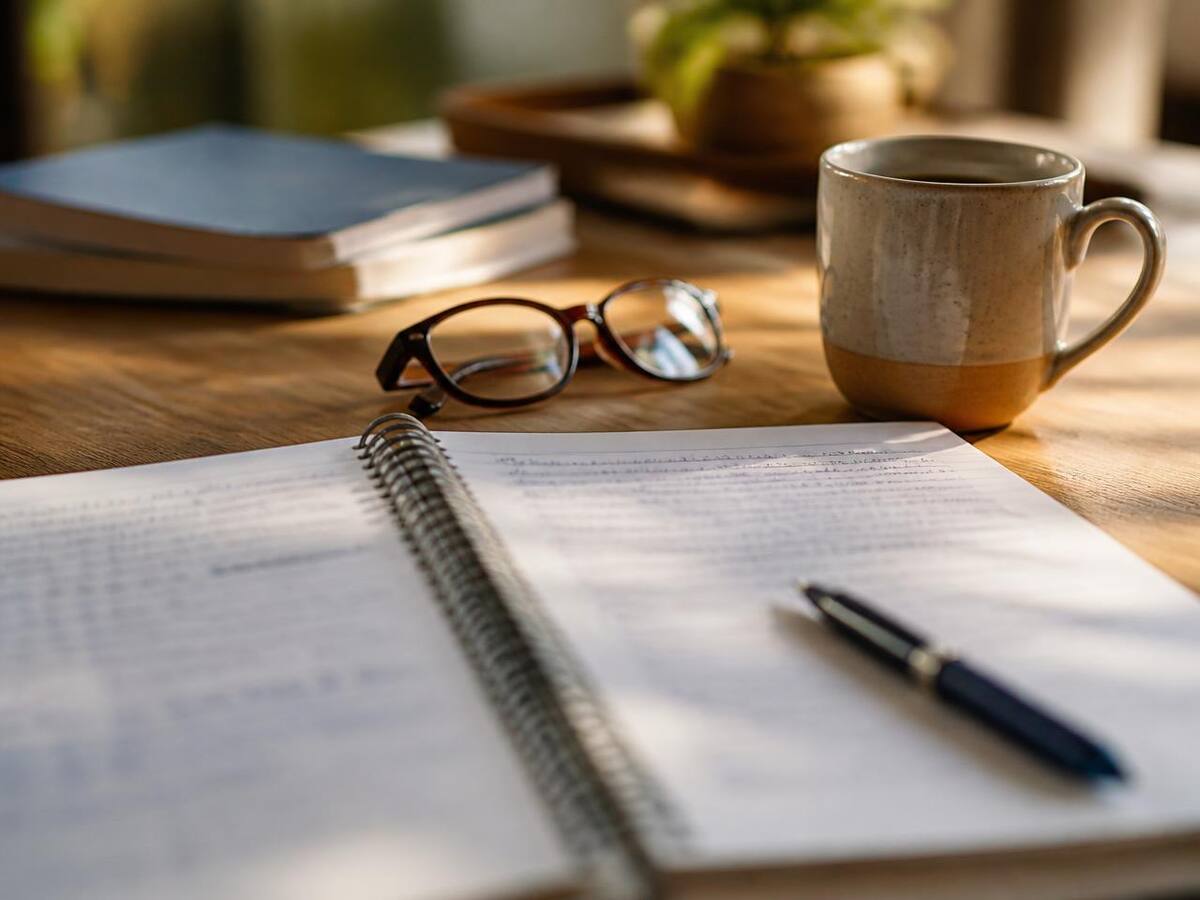 A notebook and pen resting on a table beside a warm lamp