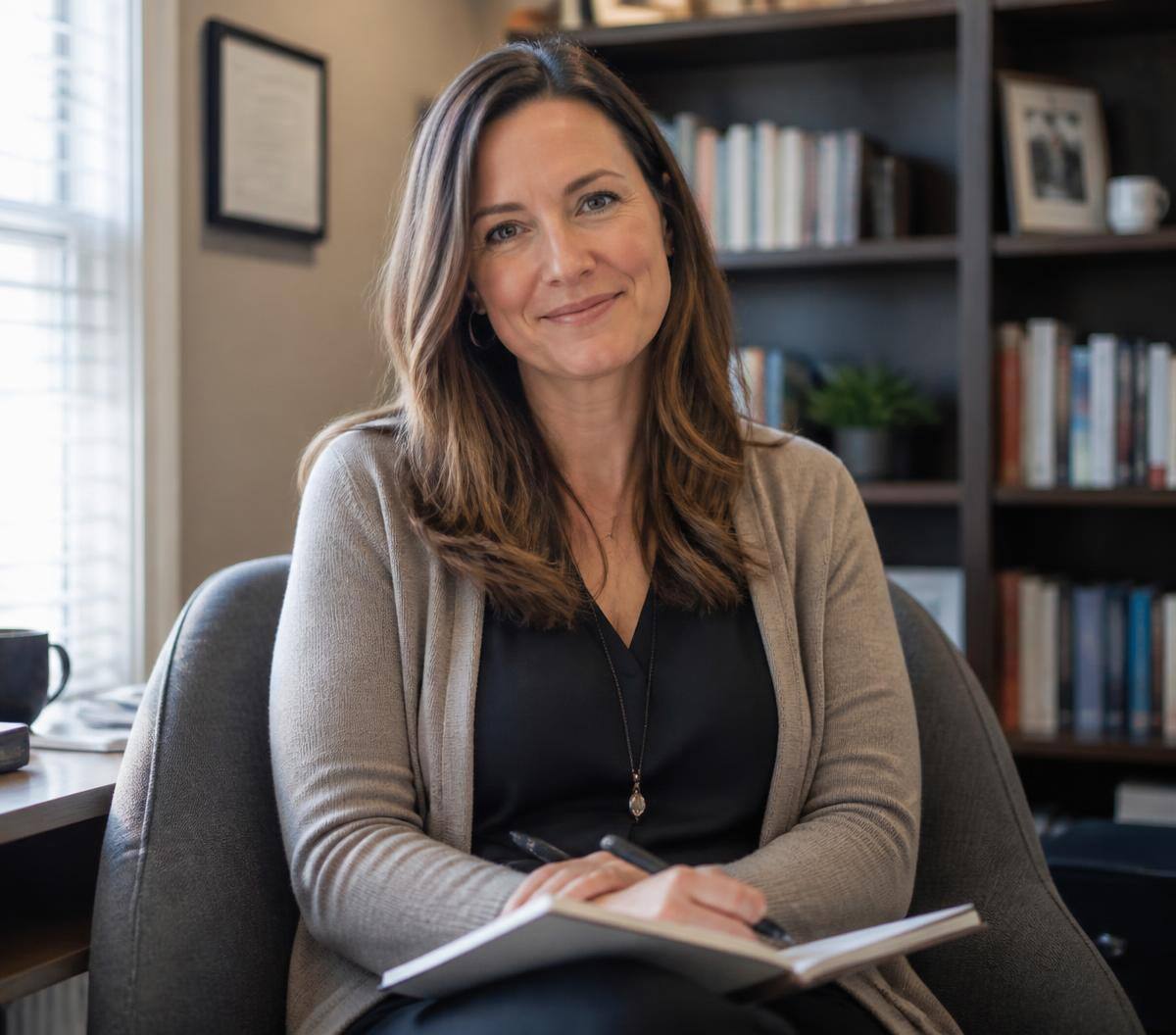 A licensed therapist seated in her office with a notebook, smiling warmly