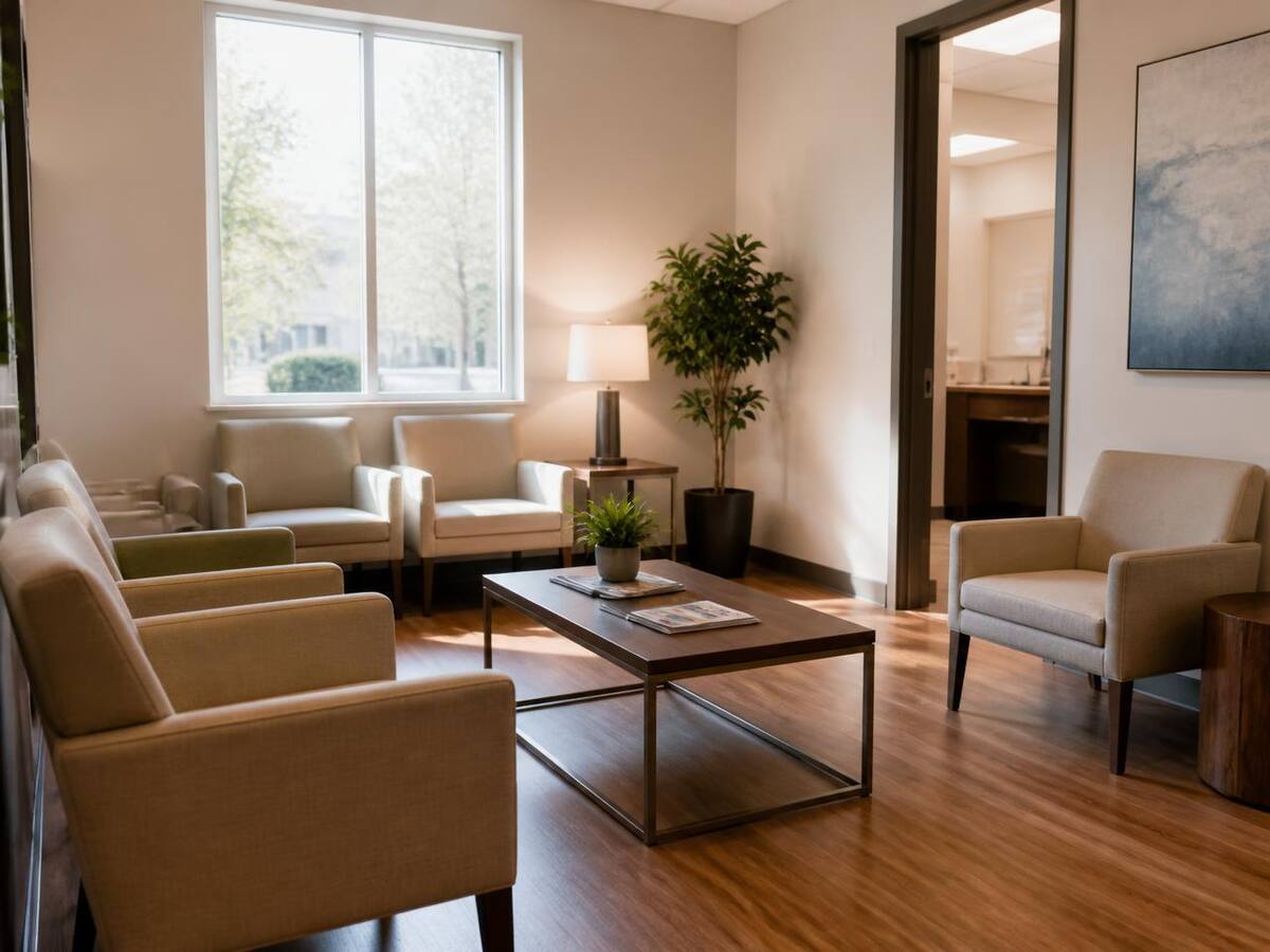 Warm, quiet waiting room with soft chairs and daylight